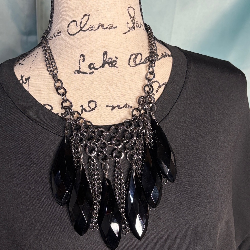 Chunky Heavy Metal Black Obsidian Drop Necklace